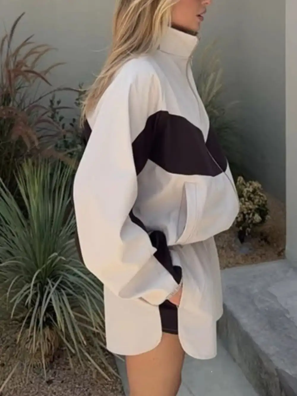 Zip-Detail Pocketed Colorblock Top and Shorts Matching Set