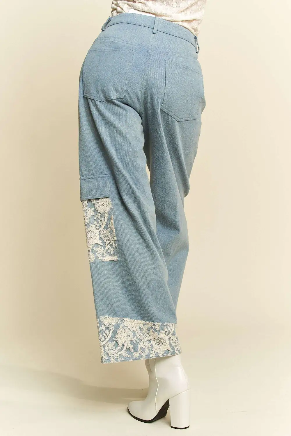 Lace Applique Wide Leg Denim Jeans