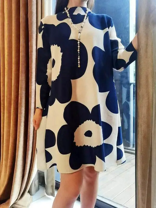 Long Sleeve Relaxed Flower Print Pleated Mock Neck Mini Dress