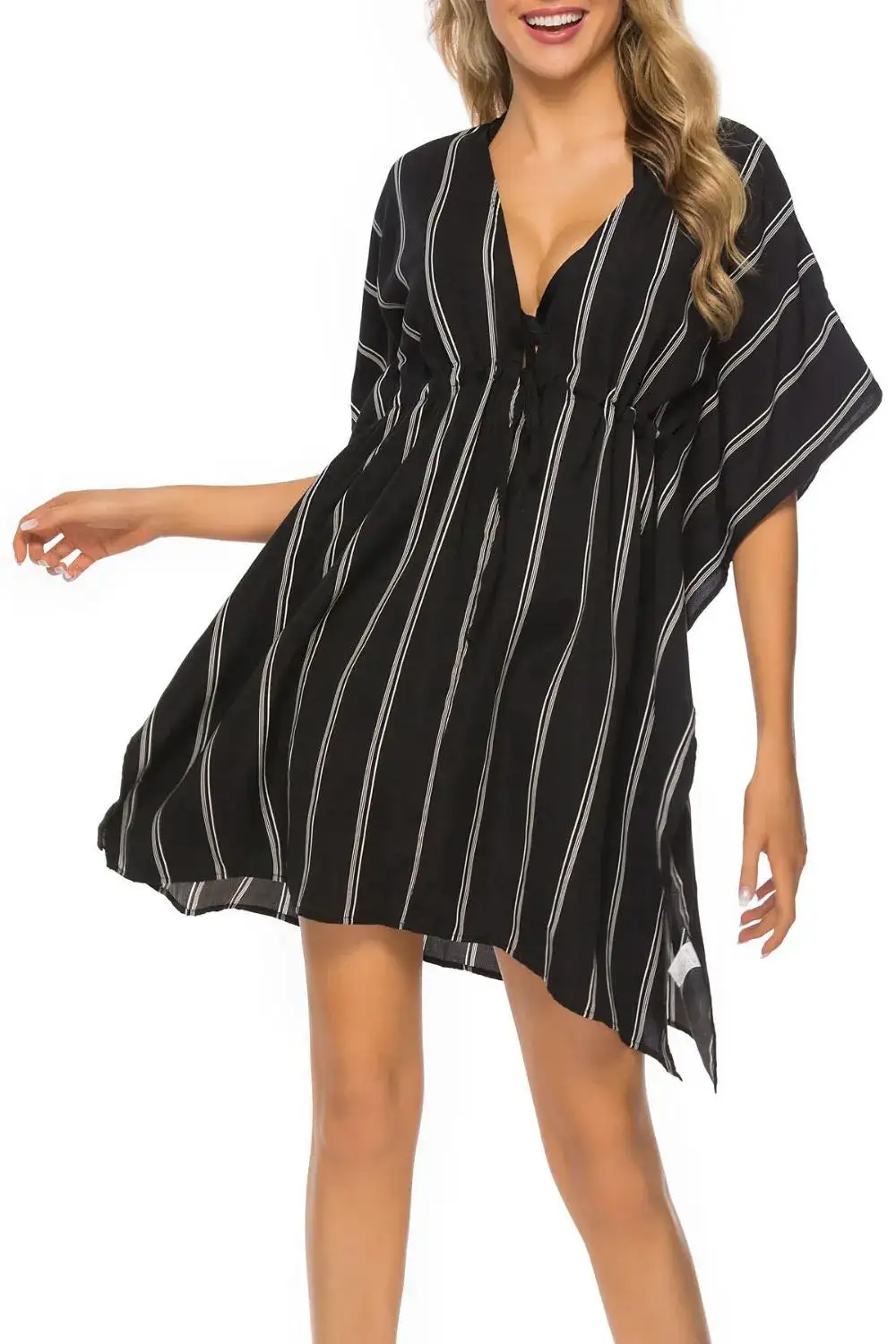 Drawstring Striped V Neck Swim Cover Up