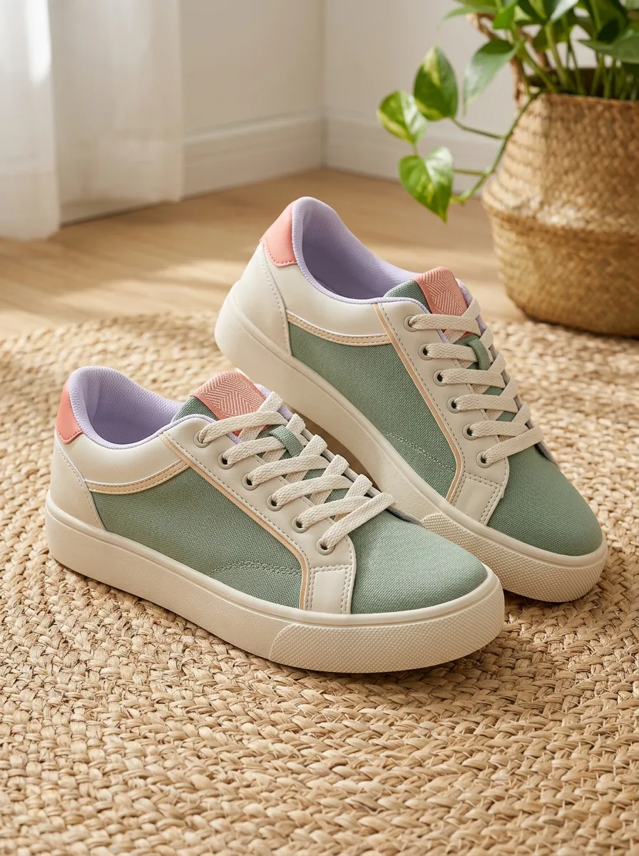 Women's Pastel Green Colorblock Canvas Printed Sneakers