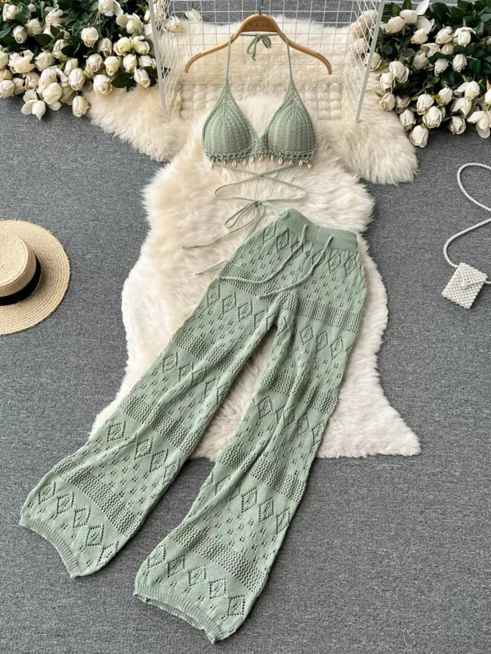 Crochet Knit Halter Neck Top and Wide Leg Pants
