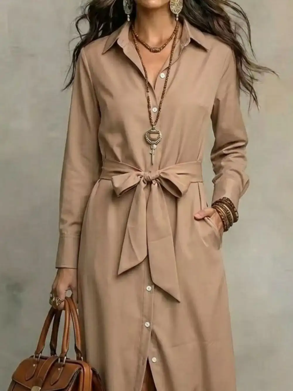 Tie Waist Long Sleeve Shirt Dress