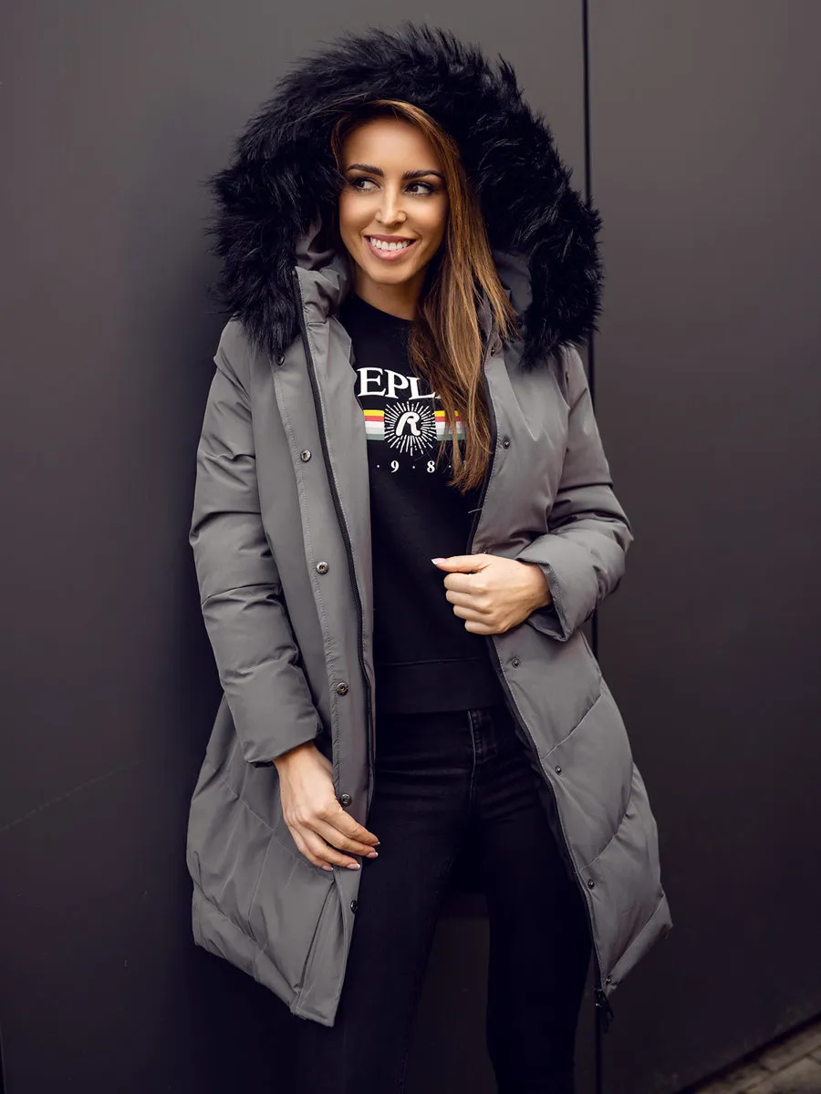 Women's Graphite Quilted Winter Jacket With Hood