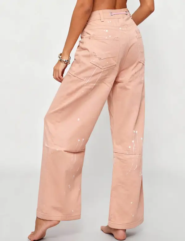 Patch Pocket Paint Splatter Drawstring Wide Leg Denim Pants