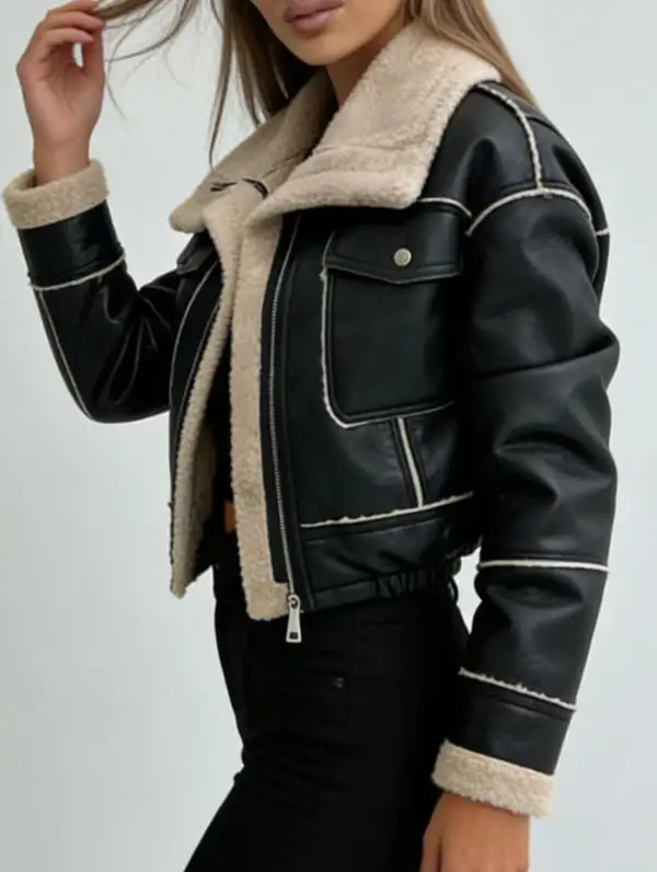Short Zip Front Motorcycle Pu Leather Jacket