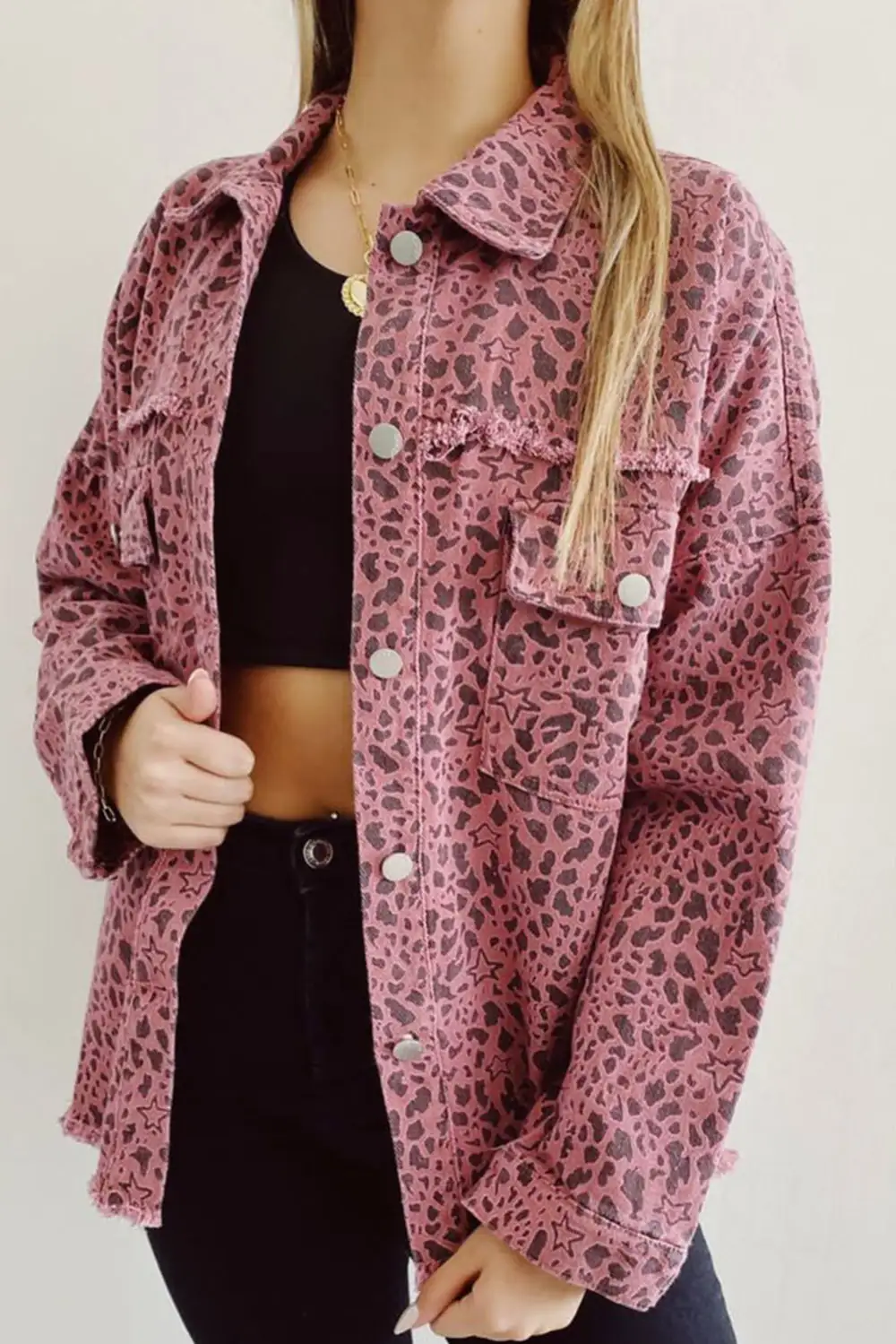 Stars And Animal Spots Print Button-Up Denim Shirt Jacket