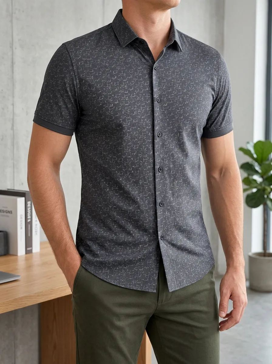 Men's Refined Geometric Line Short Sleeve Slim Fit Shirt