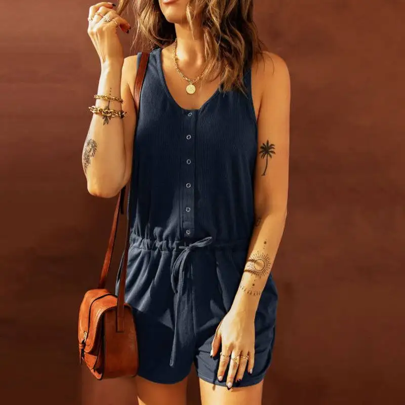 Feminine Detail V-Neck Bow-Button Romper