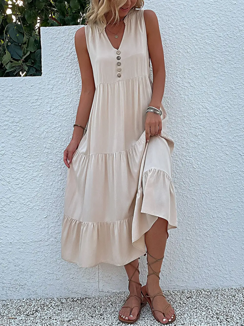 Notch-Neck Buttoned Sleeveless Tiered Midi Dress