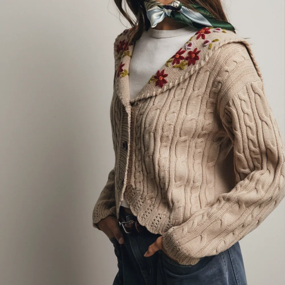 Floral Detail Cable Knit Dropped Shoulder Cardigan