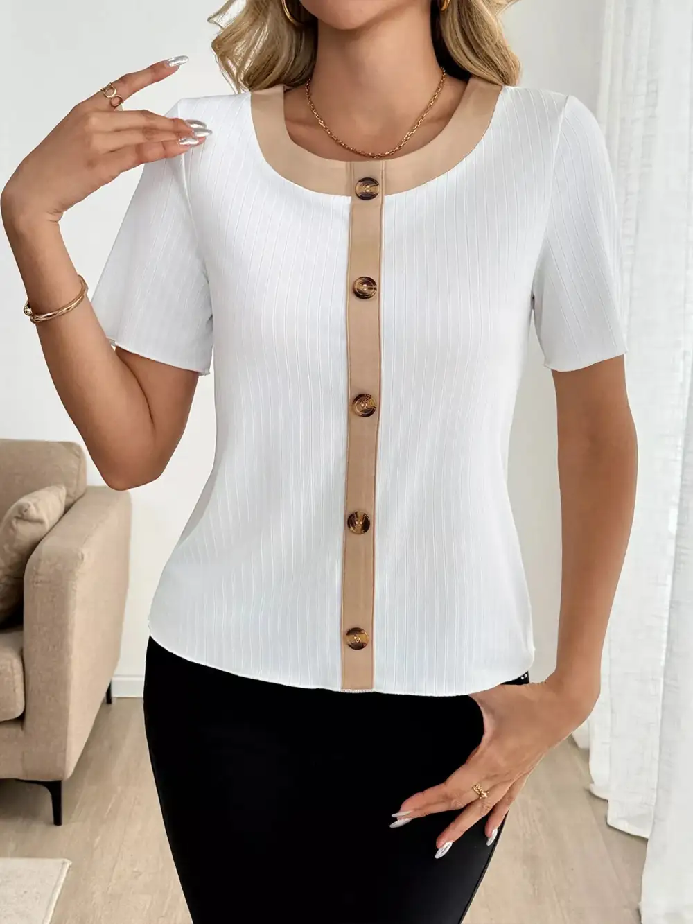 Decor Button Round Neck Short Sleeve Blouse