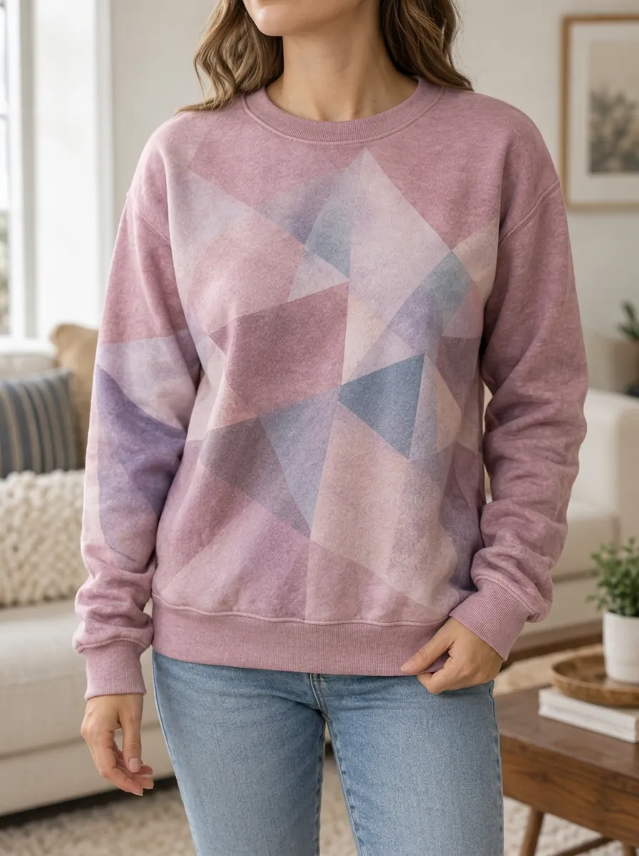 Women's Dusty Rose Geometric Print Crewneck Sweatshirt Crew Neck Ribbed Trim