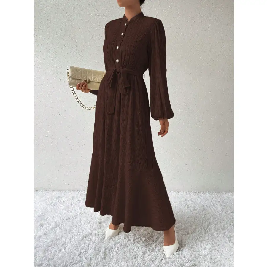 Half Button Tie Waist Long Sleeve Maxi Dress