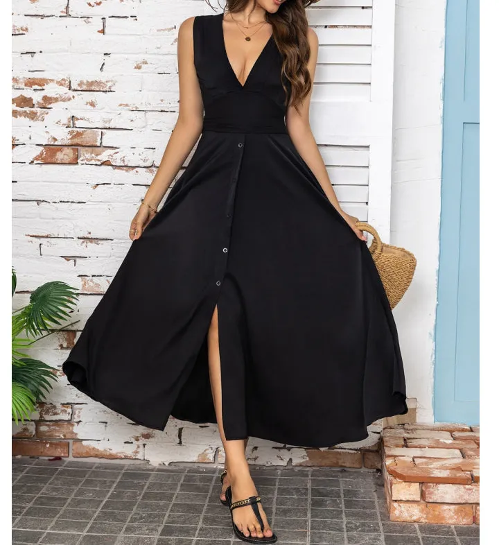 Full Size Slit V-Neck Sleeveless Midi Dress