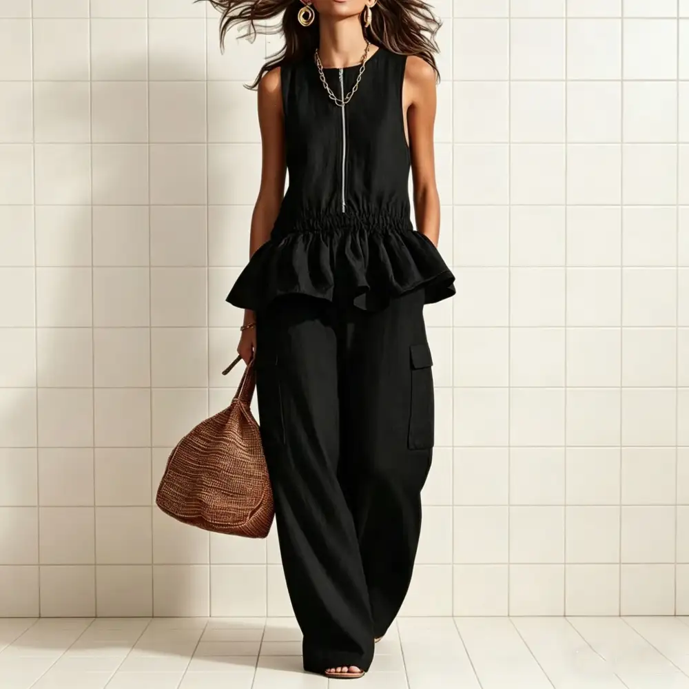 Wide-Leg Sleeveless Pleated Women's Matching Set