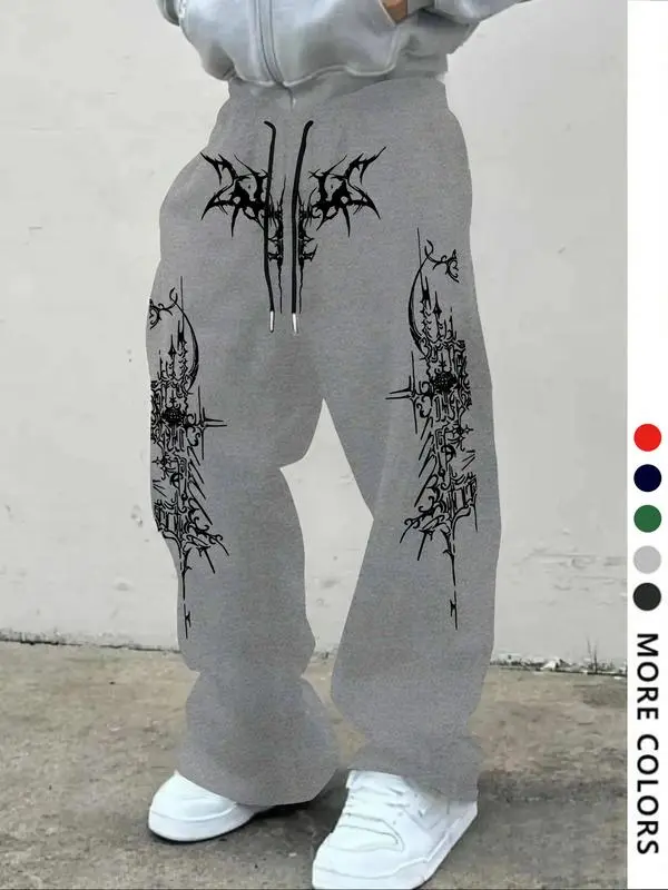 Men's Casual Slant Pocket Loose-Fit Drawstring Pants, Geometric Pattern Print Sweatpants, All-Season Comfortable Men's Clothing