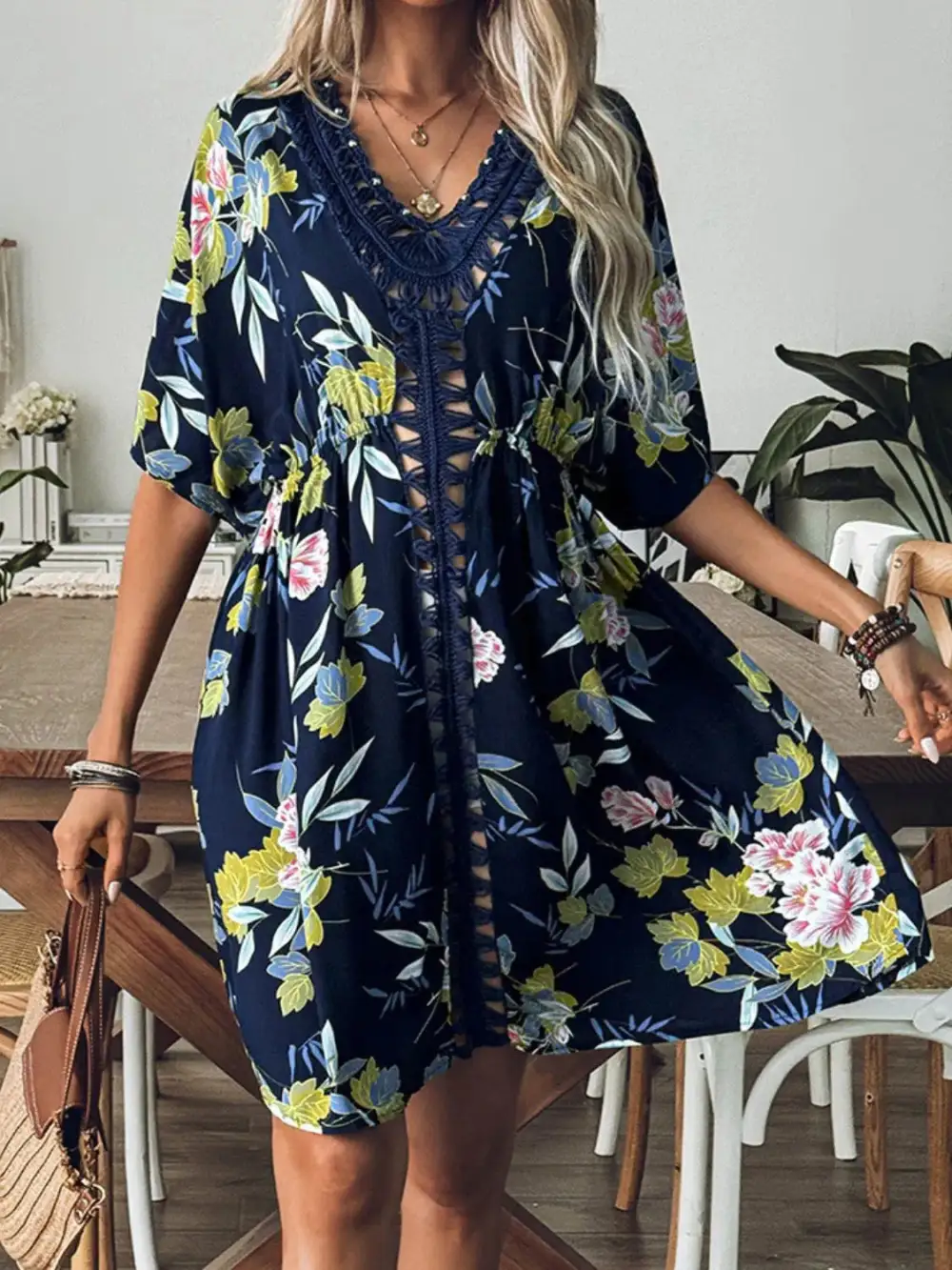 Crochet Front V Neck Printed Swim Cover Up