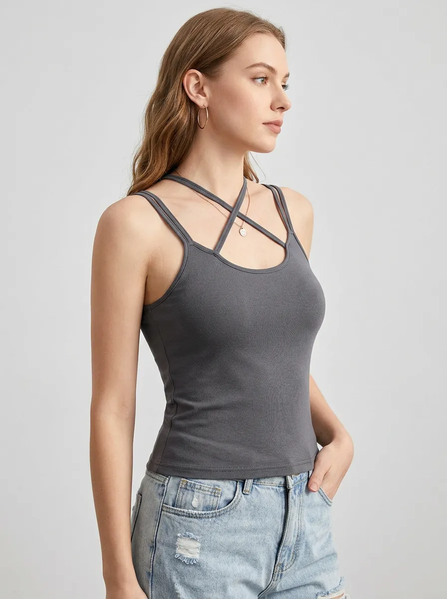 Women's Solid Cross Strap Tank Bra