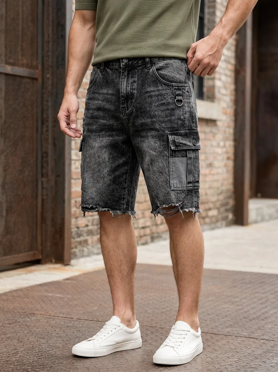 Men's Acid Wash Cargo Denim Shorts Featuring Five Pocket