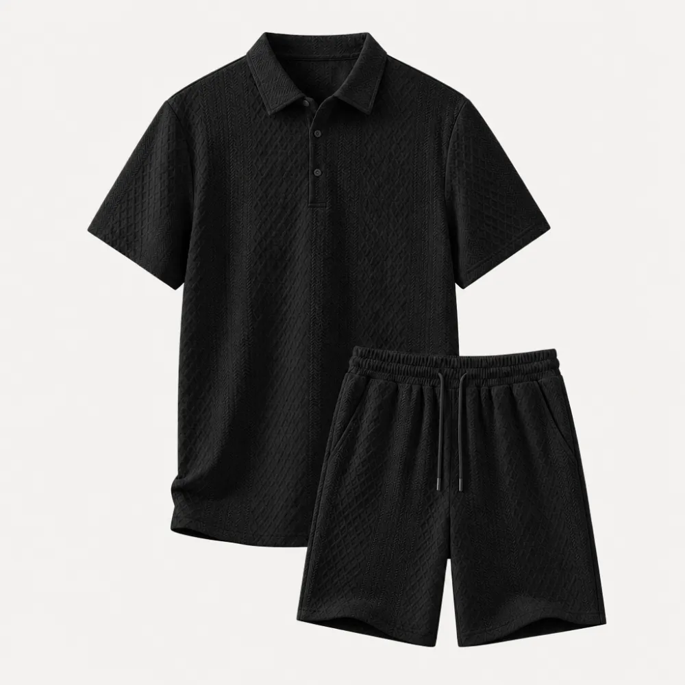 Men's Textured Knit Polo & Shorts Set