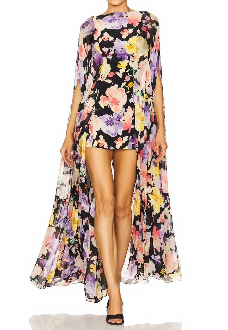 Floral Print Sheer Cape High Mini Dress