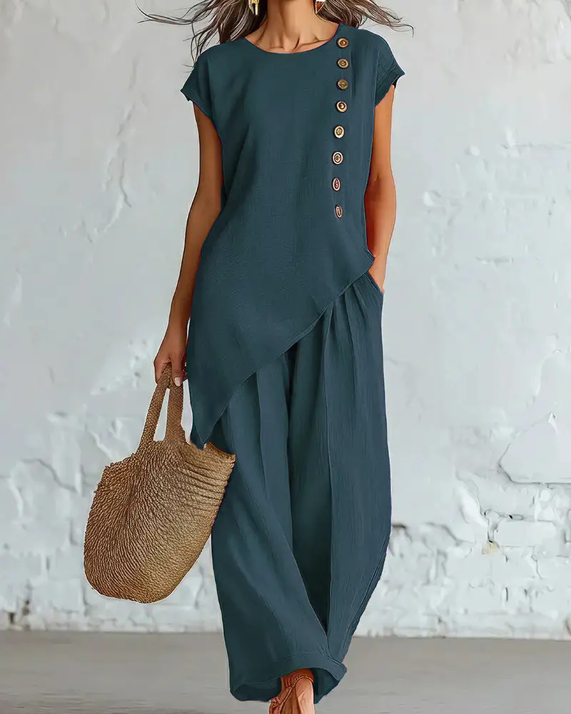 Asymmetrical Button Top and Wide-Leg Pants Lounge Set
