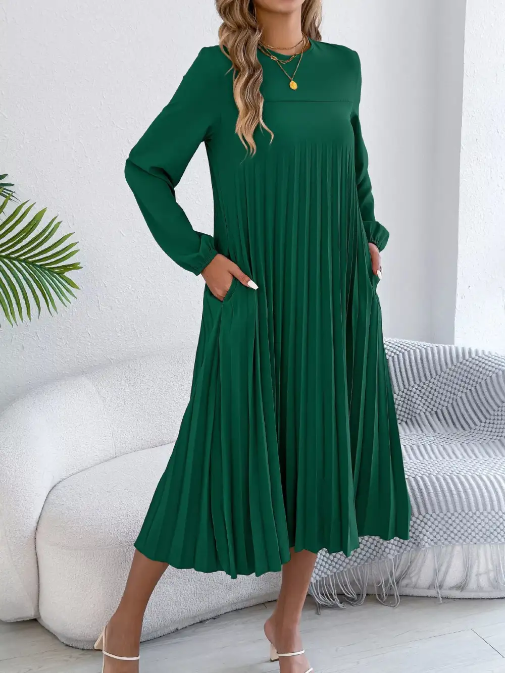 Pleated Pleated A-Line Midi Dress