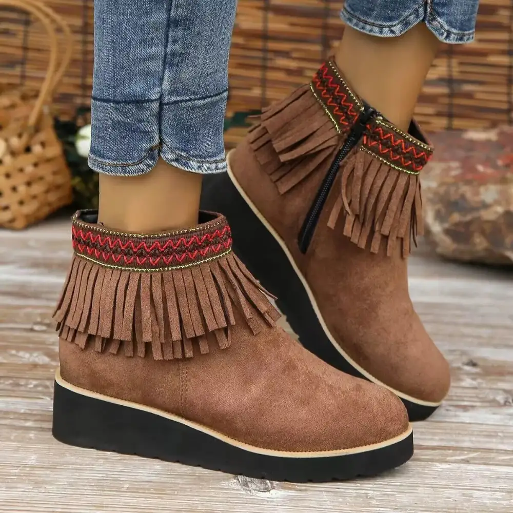 Fringe Round Toe Ankle Boots