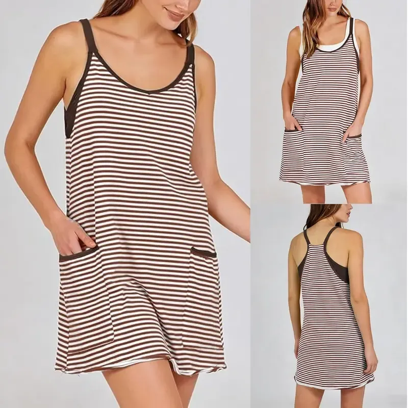 Women's Summer Athletic Mini Dress Sleeveless V Neck Built-in Shorts