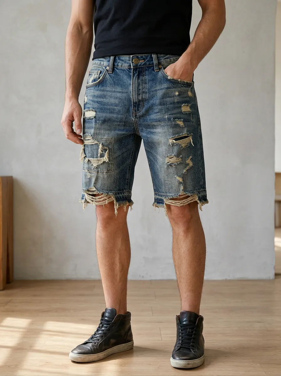 Men's Jean Raw Hem Denim Shorts with Five Pocket