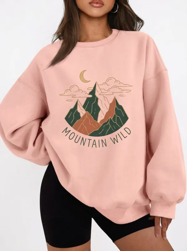 Women's Mountain Wild Nature Moon Graphic Crewneck Sweatshirt