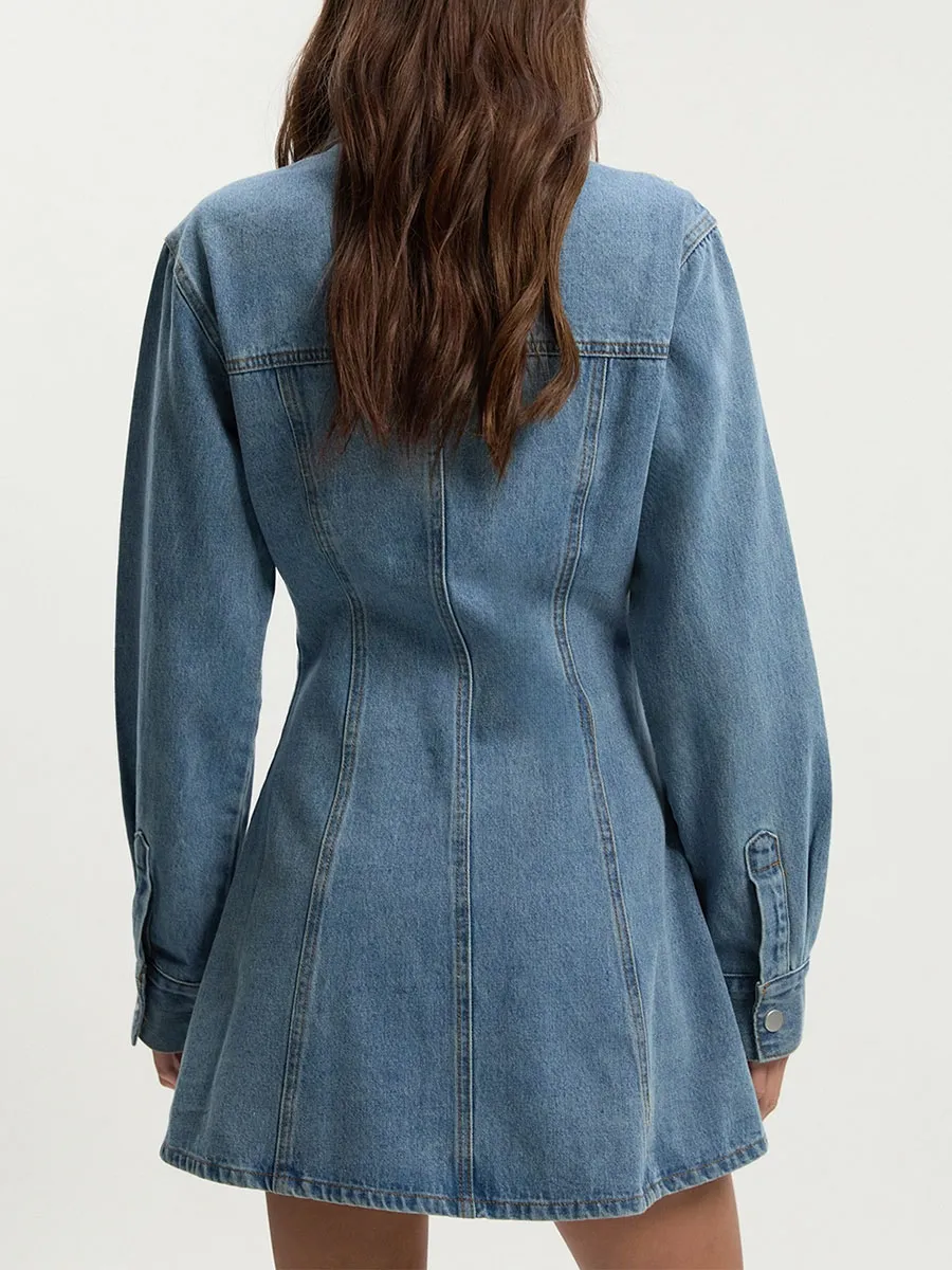 Blue Denim Button Front Tailored Blazer Dress