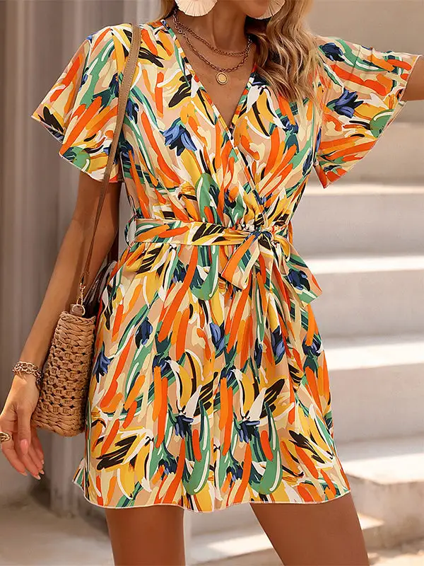 High Waisted Relaxed Printed Tied Waist V Neck Mini Dress
