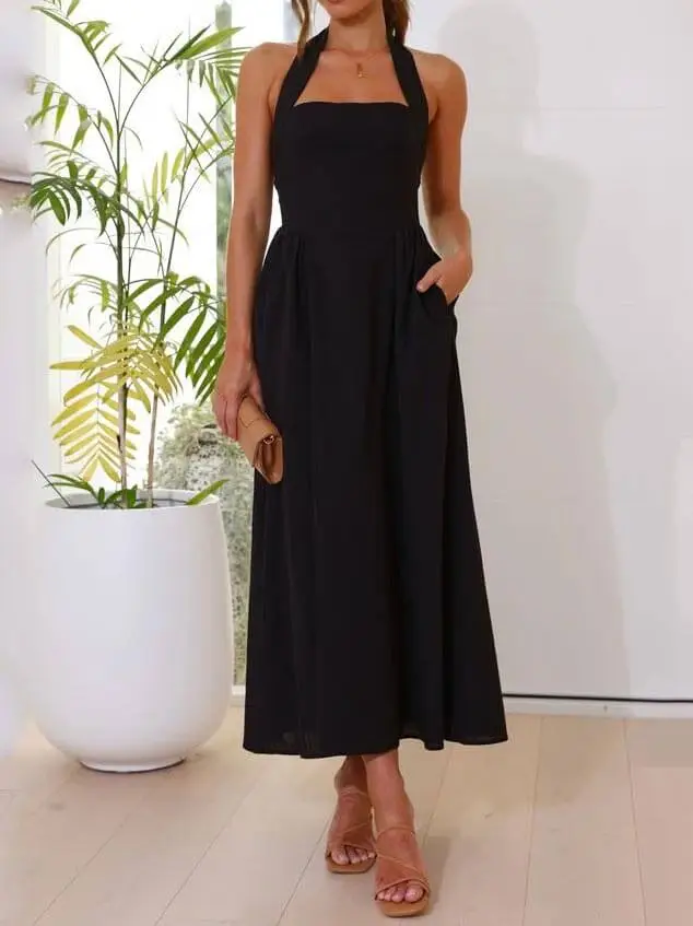 Halter Neck Waist Little Mid Length Midi Dress