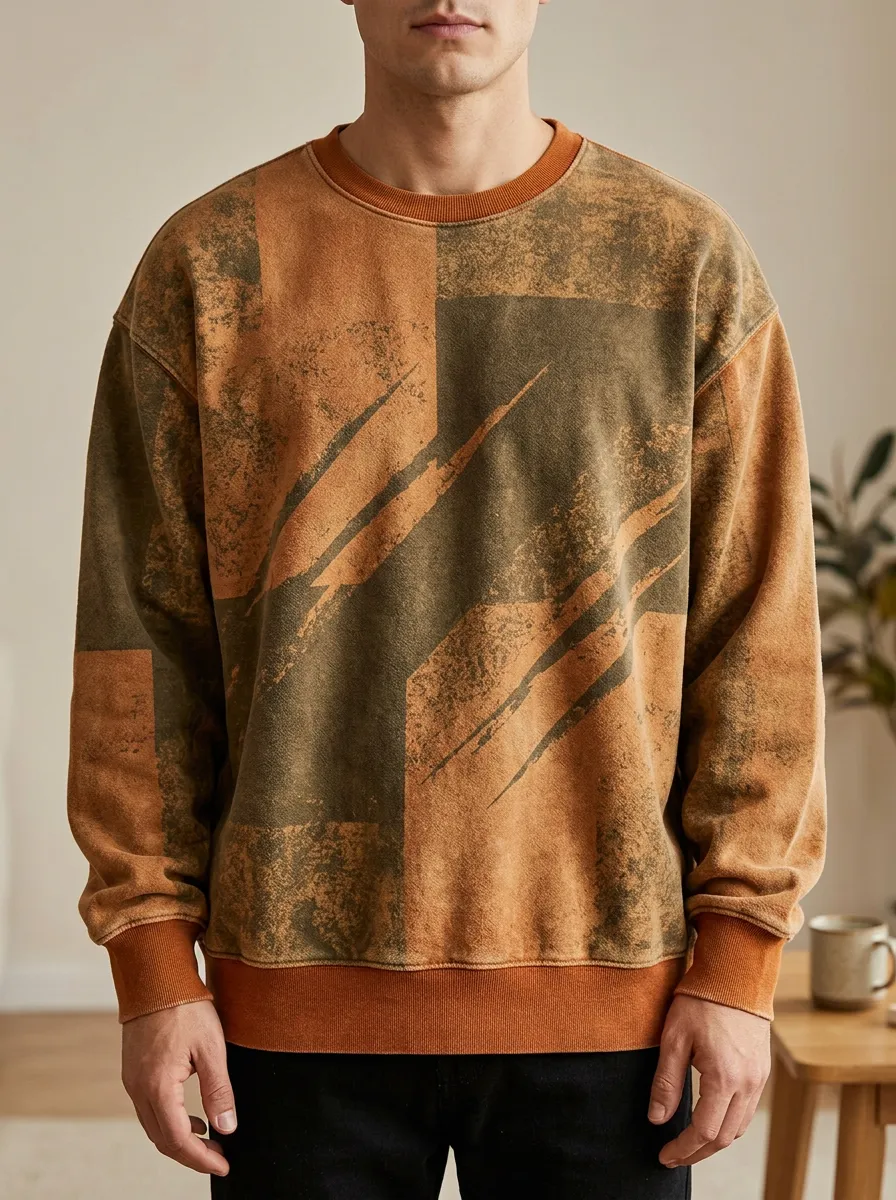 Men's Abstract Geometric Grunge Printed Fleece Sweatshirt