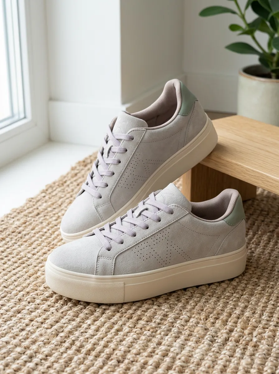 Women's Casual Minimalist Grey Suede Perforated Platform Sneakers