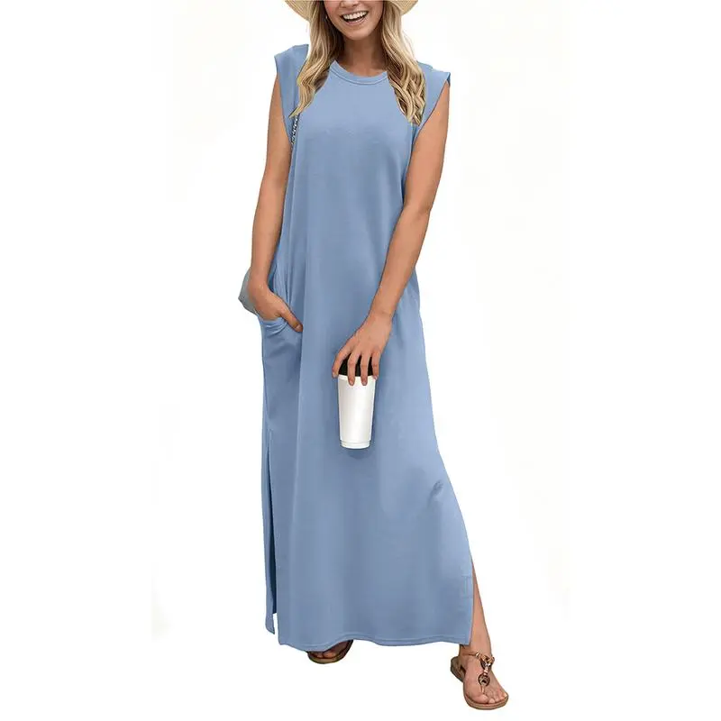 6PACK-Summer Round Neck Casual Loose Split Wrinkle-Free Long  Dress