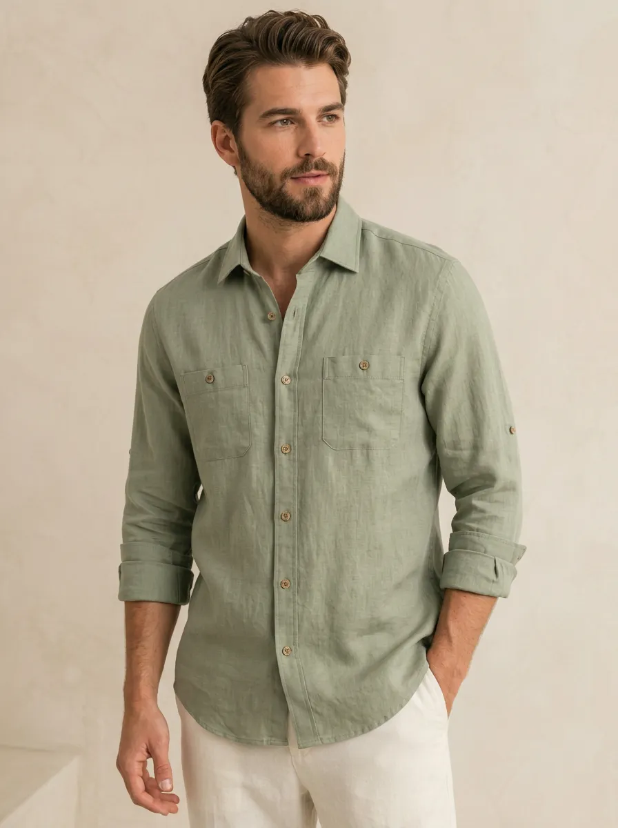 Men's Casual Minimalist Sage Green Linen Blend Button-Down Shirt