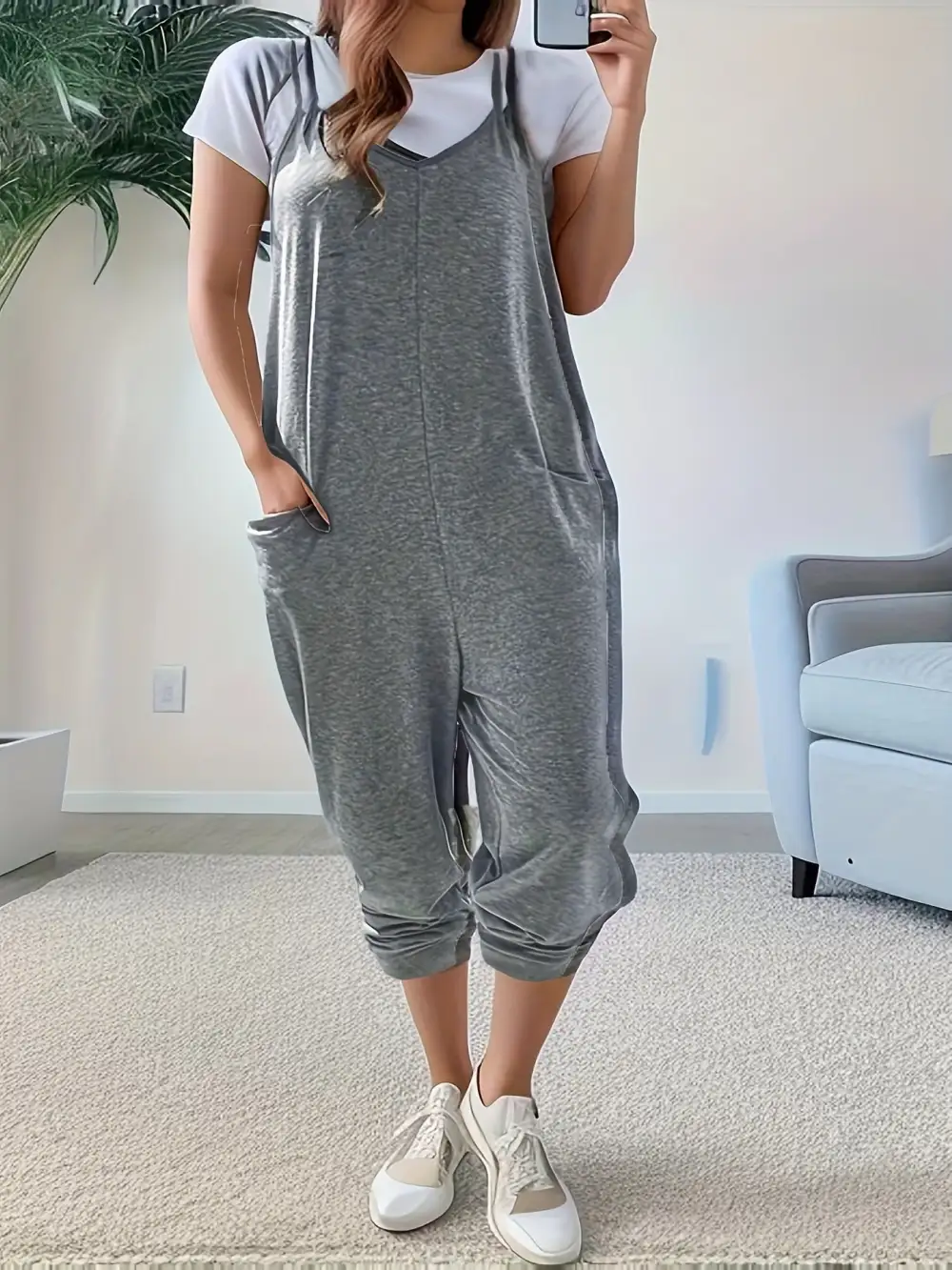 Casual Loose Fit Spaghetti Strap Jumpsuit Accessory