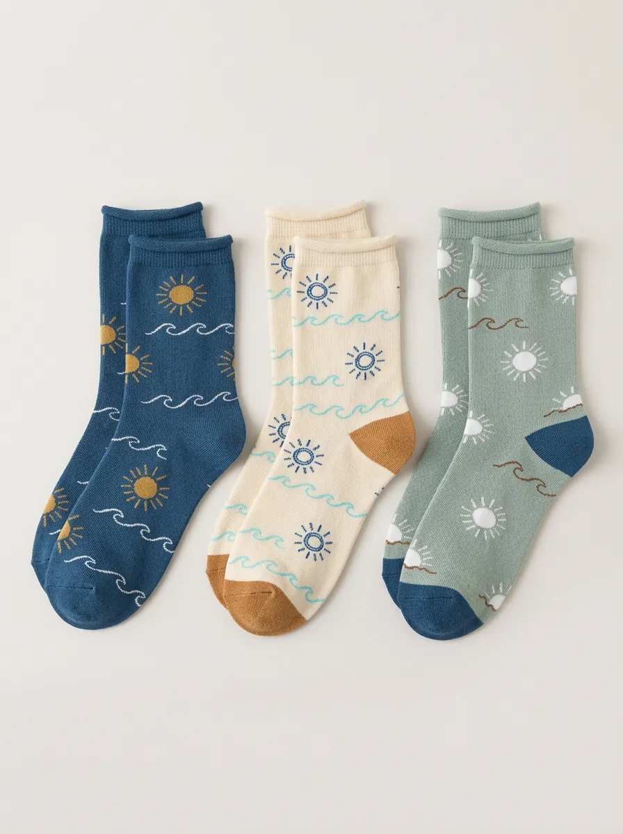 Women's Sun And Wave Contrast Crew Socks Three Pair Set