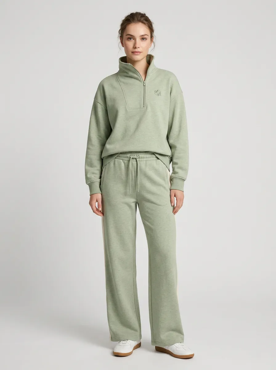 Women's Sage Green Quarter-Zip Embroidered Lounge Set