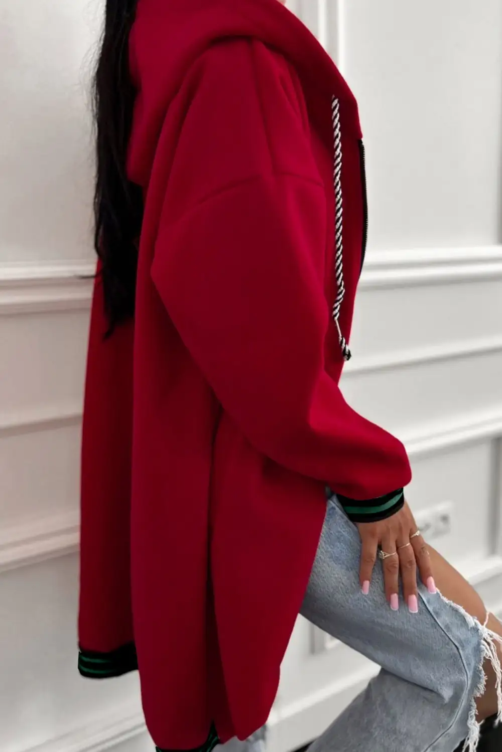 Zip Detail Drop Shoulder Contrast Trim Hoodie