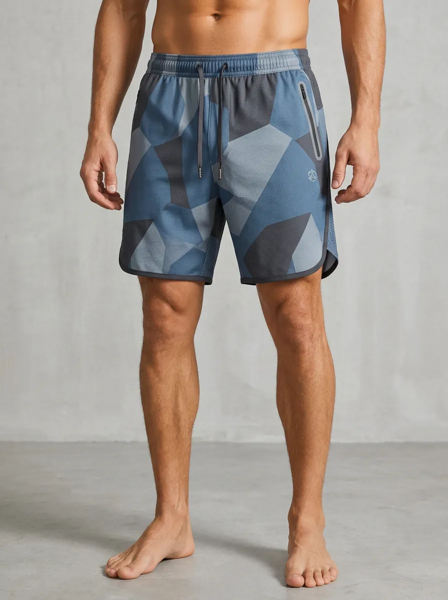 Men's Athletic Fitness Blue Geometric Printed Shorts