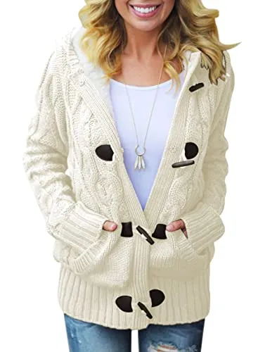 Women Hooded Knit Cardigans Button Cable Sweater Coat