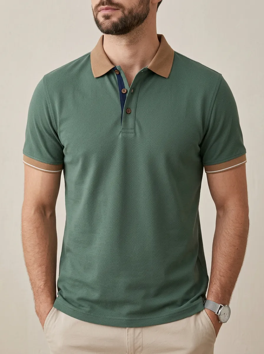 Men's Knit Ribbed Textured Striped Contrast-Collar Contrast-Trim Polo Shirt