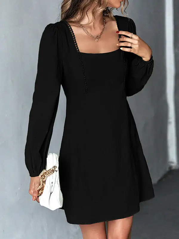 A Line High Waisted Solid Color Split Joint Square Neck Mini
