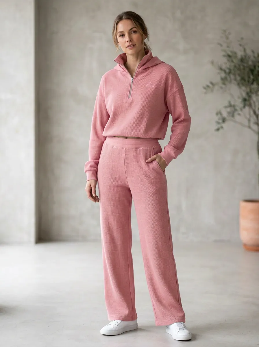 Women's Minimalist Triangle Logo Waffle Knit Quarter-Zip Hoodie Jogger Set