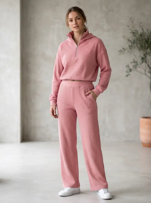 Women's Minimalist Triangle Logo Waffle Knit Quarter-Zip Hoodie Jogger Set