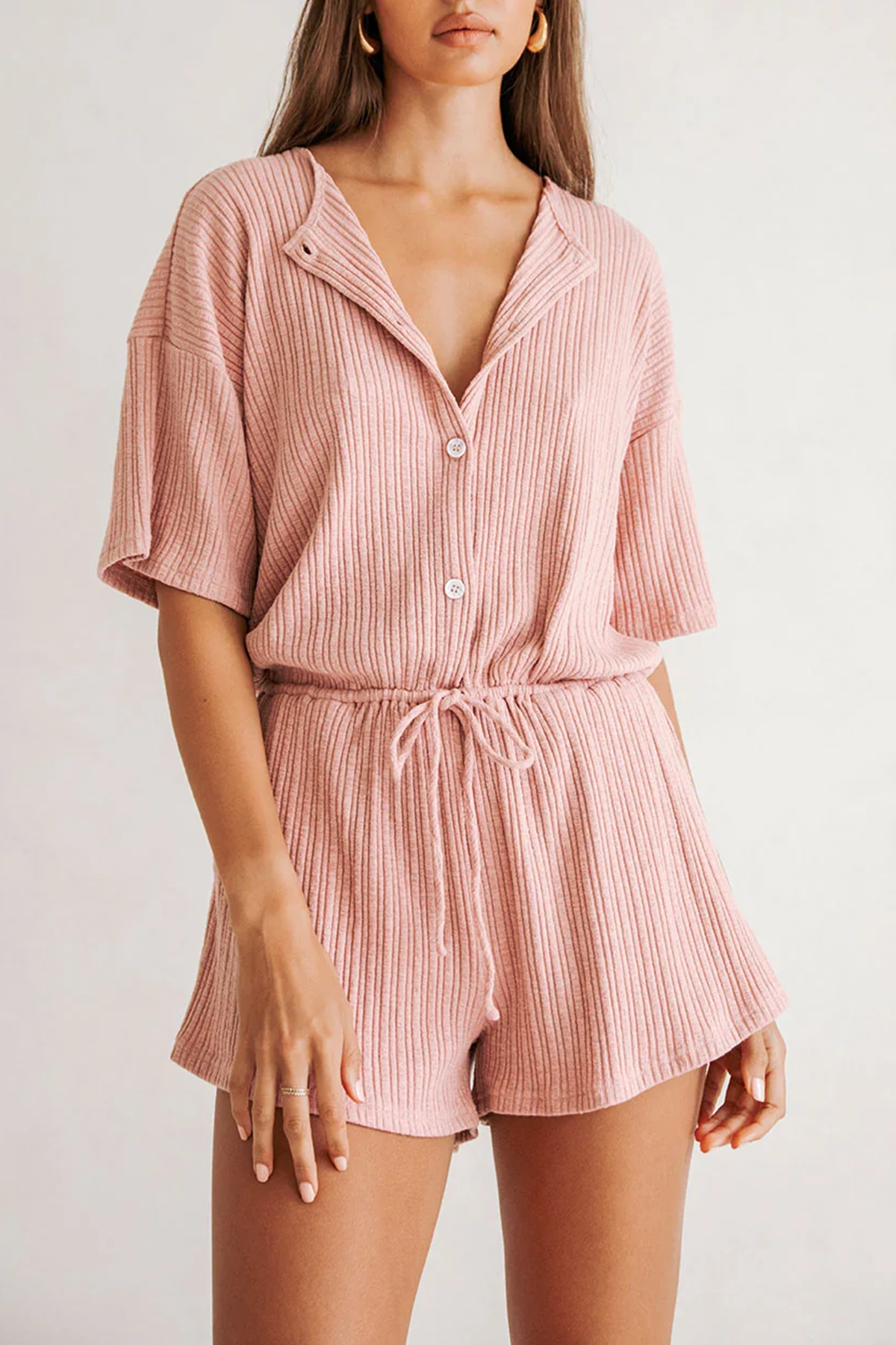 Short Sleeve Pin Stripe Drawstring Romper